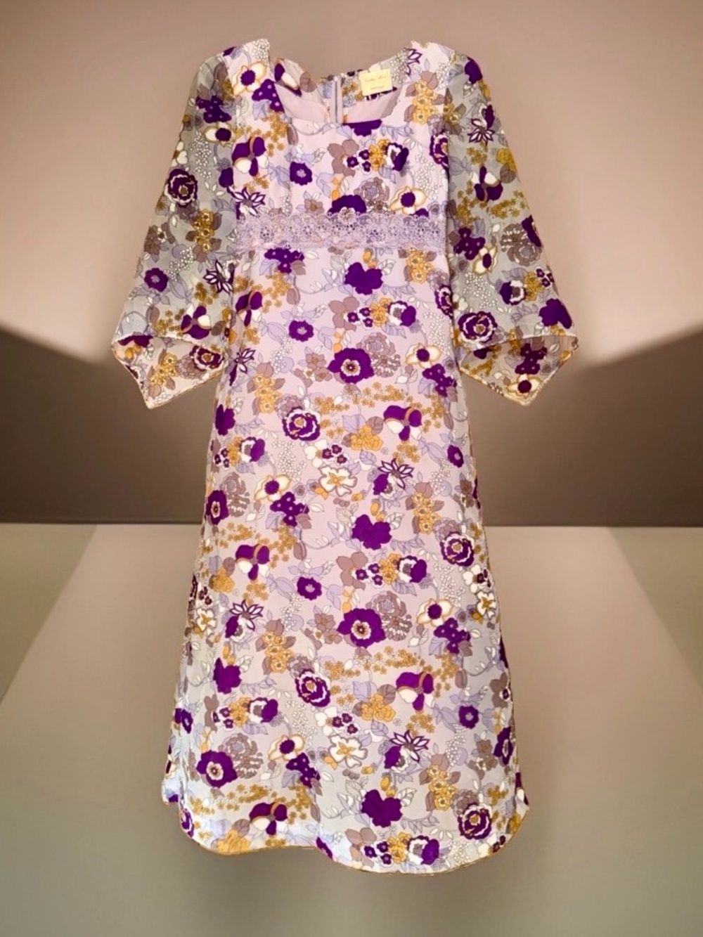 Vtg Custom Made Lace-Trim Floral Maxi Dress in Purple & Gold-See Pics-EC